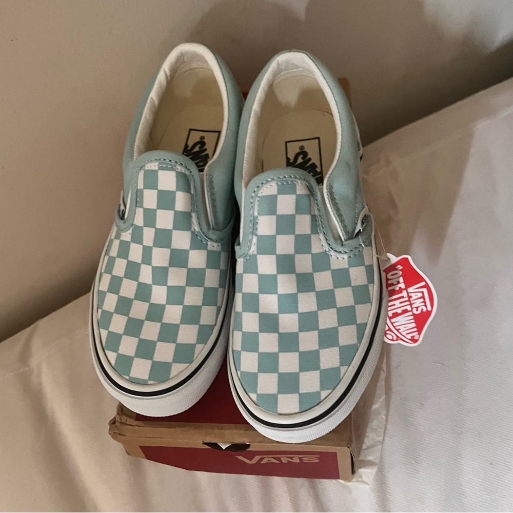 Kids sz 13 Vans checkerboard slip ons baby blue/white